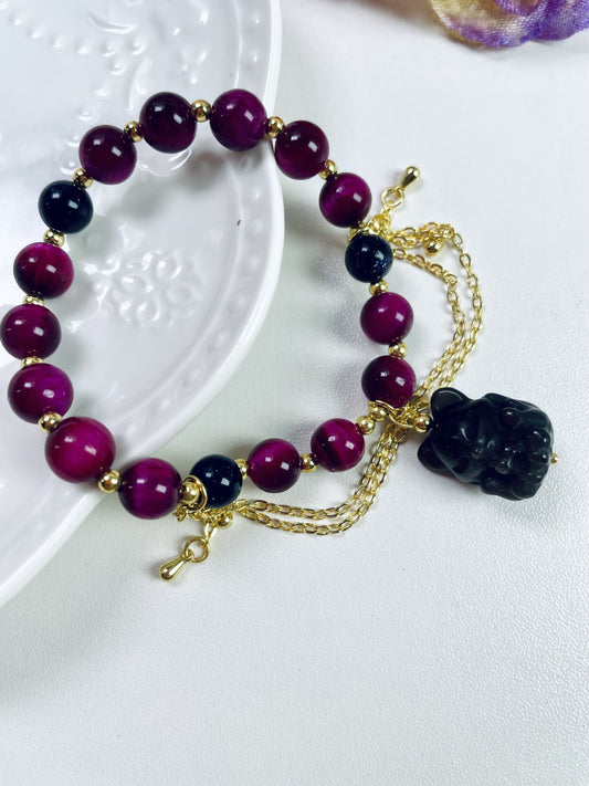 DIY Hot pink Tiger Eye and Obsidian Fox Bracelet