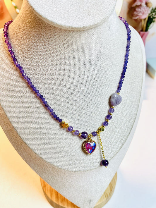 DIY Amethyst and Purple Jade Heart Necklace and Bracelet