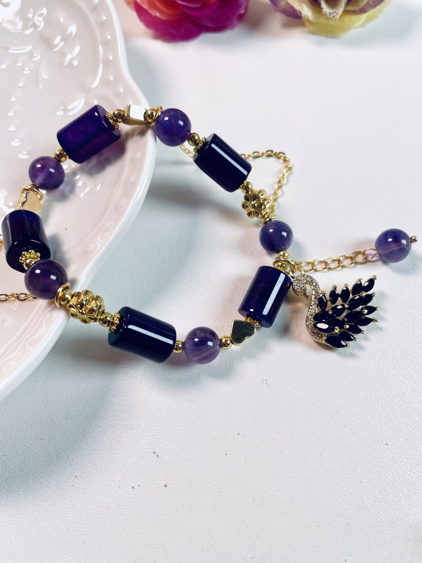 DIY Black Swan Bracelet with Amethyst and Purple Agate