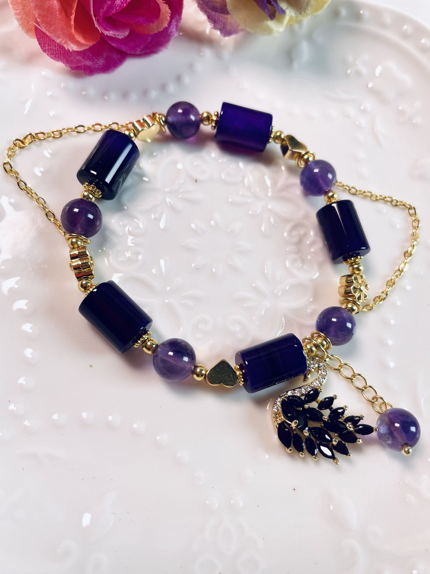 DIY Black Swan Bracelet with Amethyst and Purple Agate