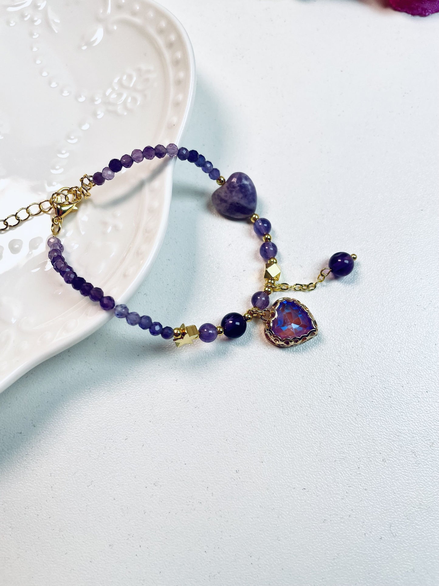 DIY Amethyst and Purple Jade Heart Necklace and Bracelet