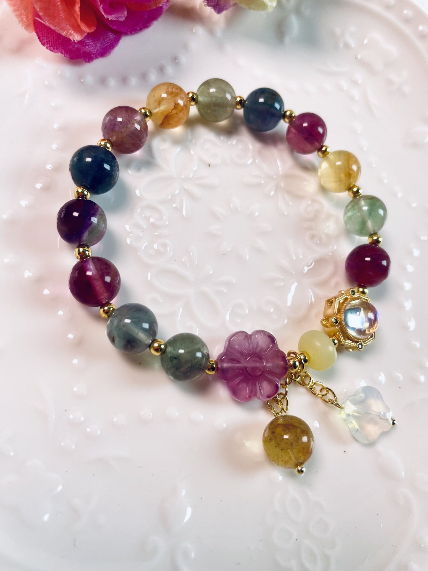 DIY Rainbow Fluorite Bracelet with Floral and Clover Accents