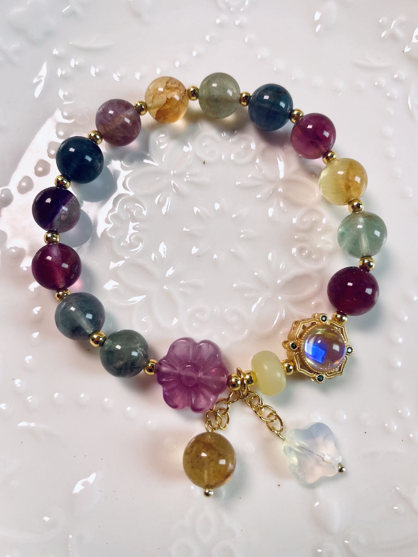 DIY Rainbow Fluorite Bracelet with Floral and Clover Accents