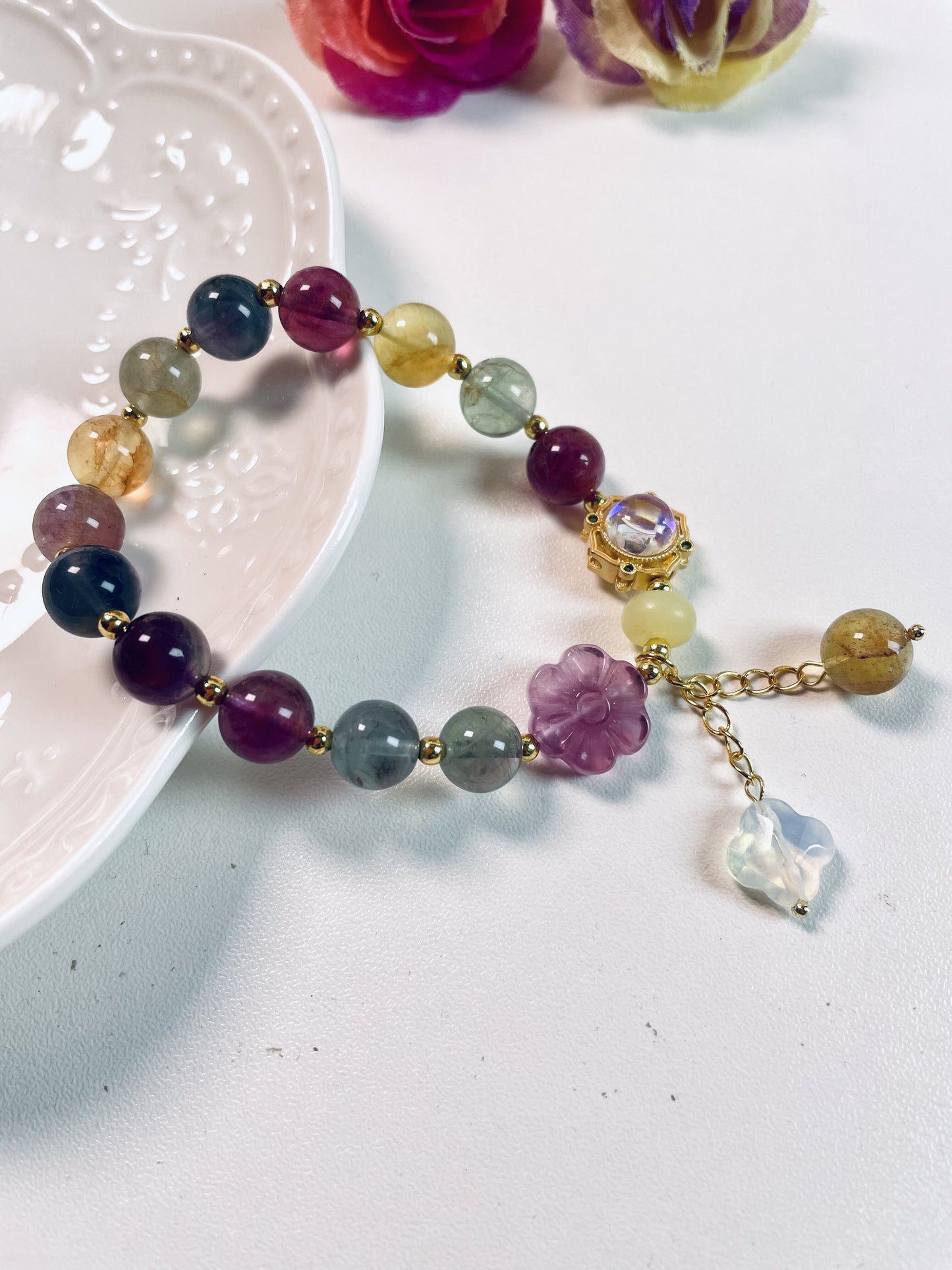 DIY Rainbow Fluorite Bracelet with Floral and Clover Accents