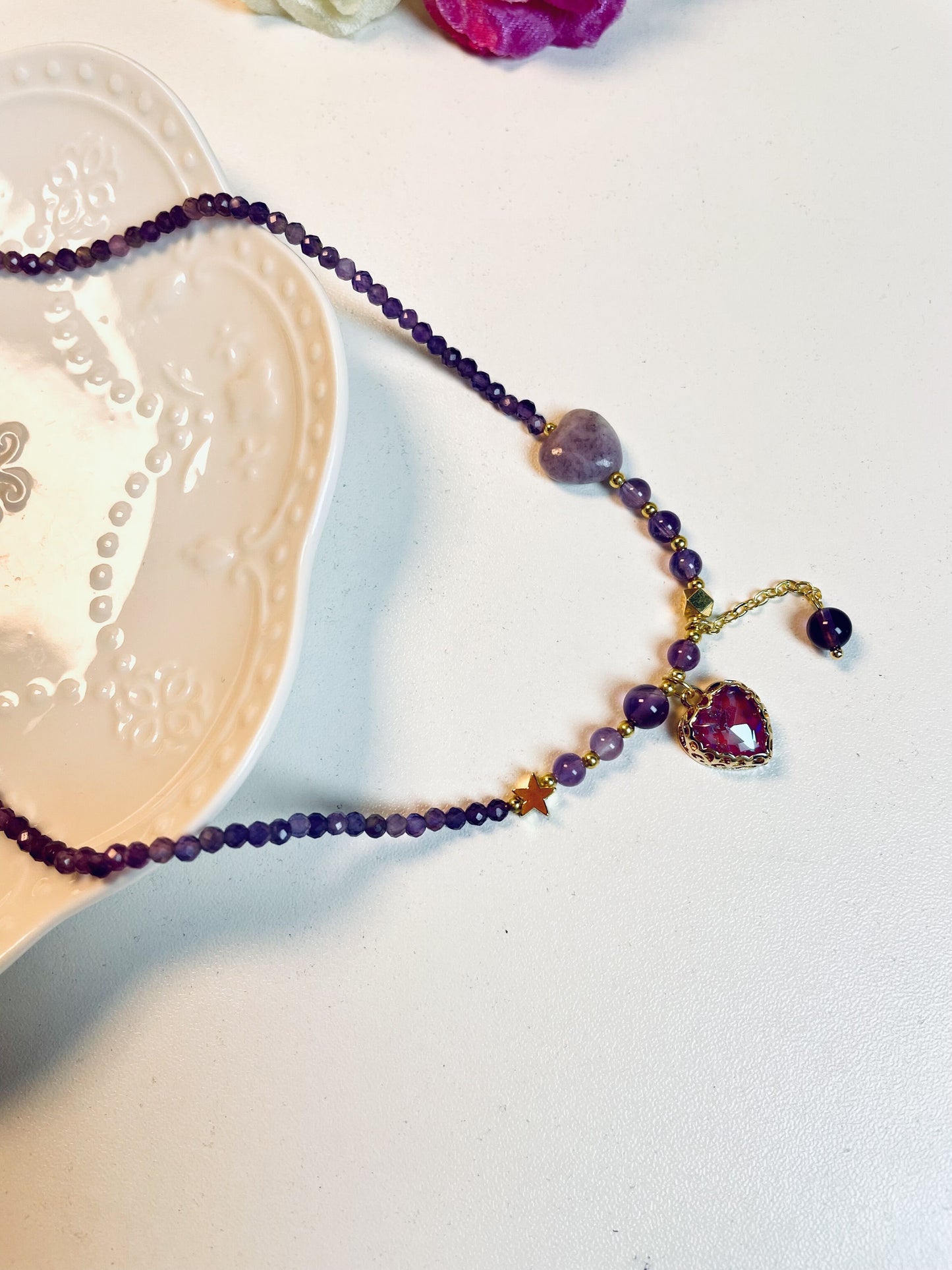 DIY Amethyst and Purple Jade Heart Necklace and Bracelet