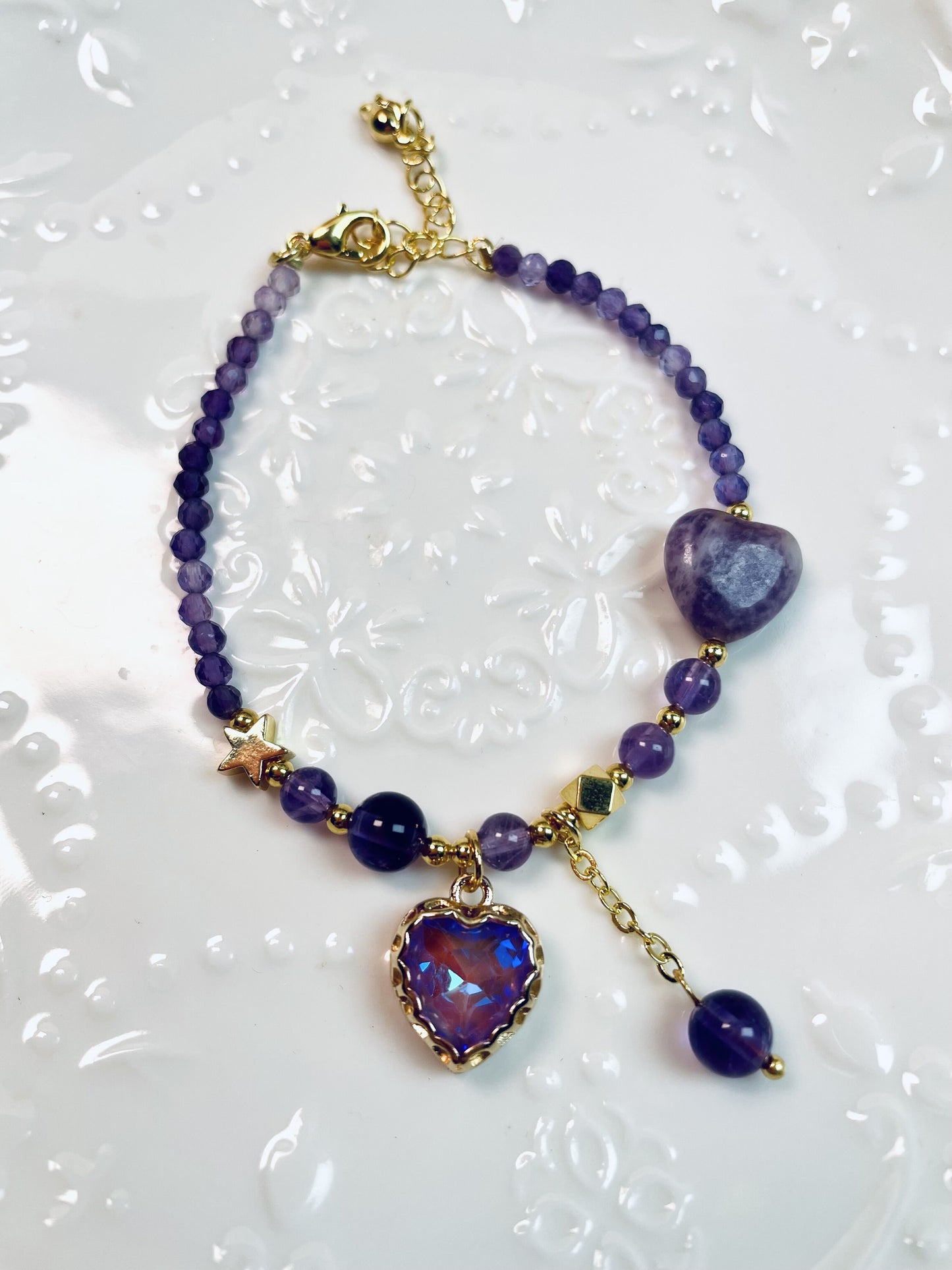 DIY Amethyst and Purple Jade Heart Necklace and Bracelet