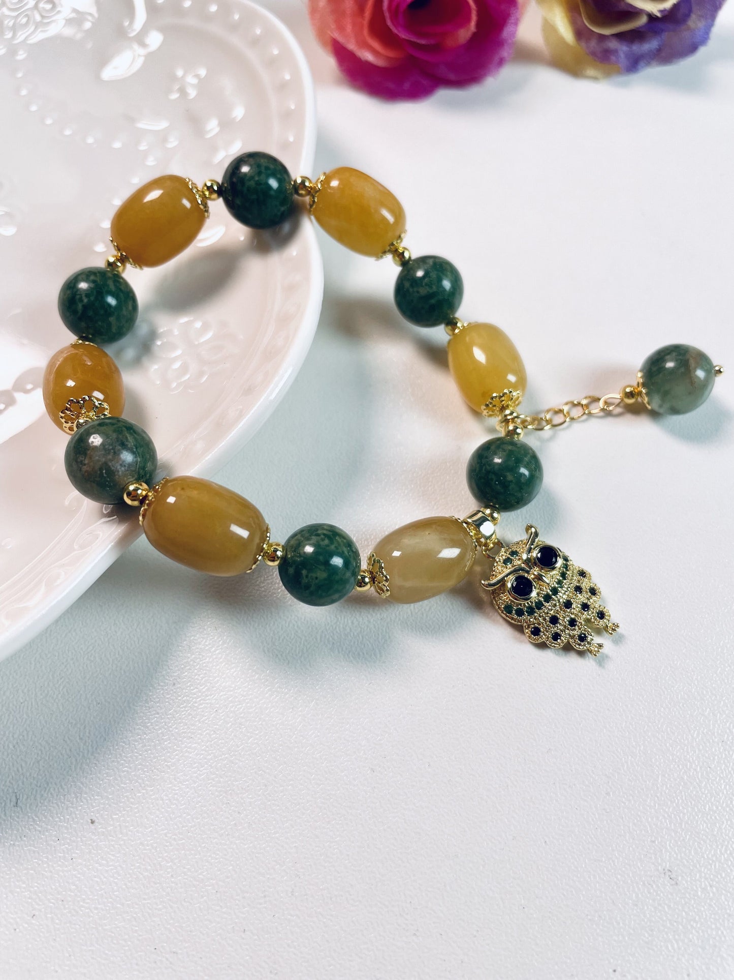 DIY Yellow Jade, African Jasper and Cute Owl Bracelet