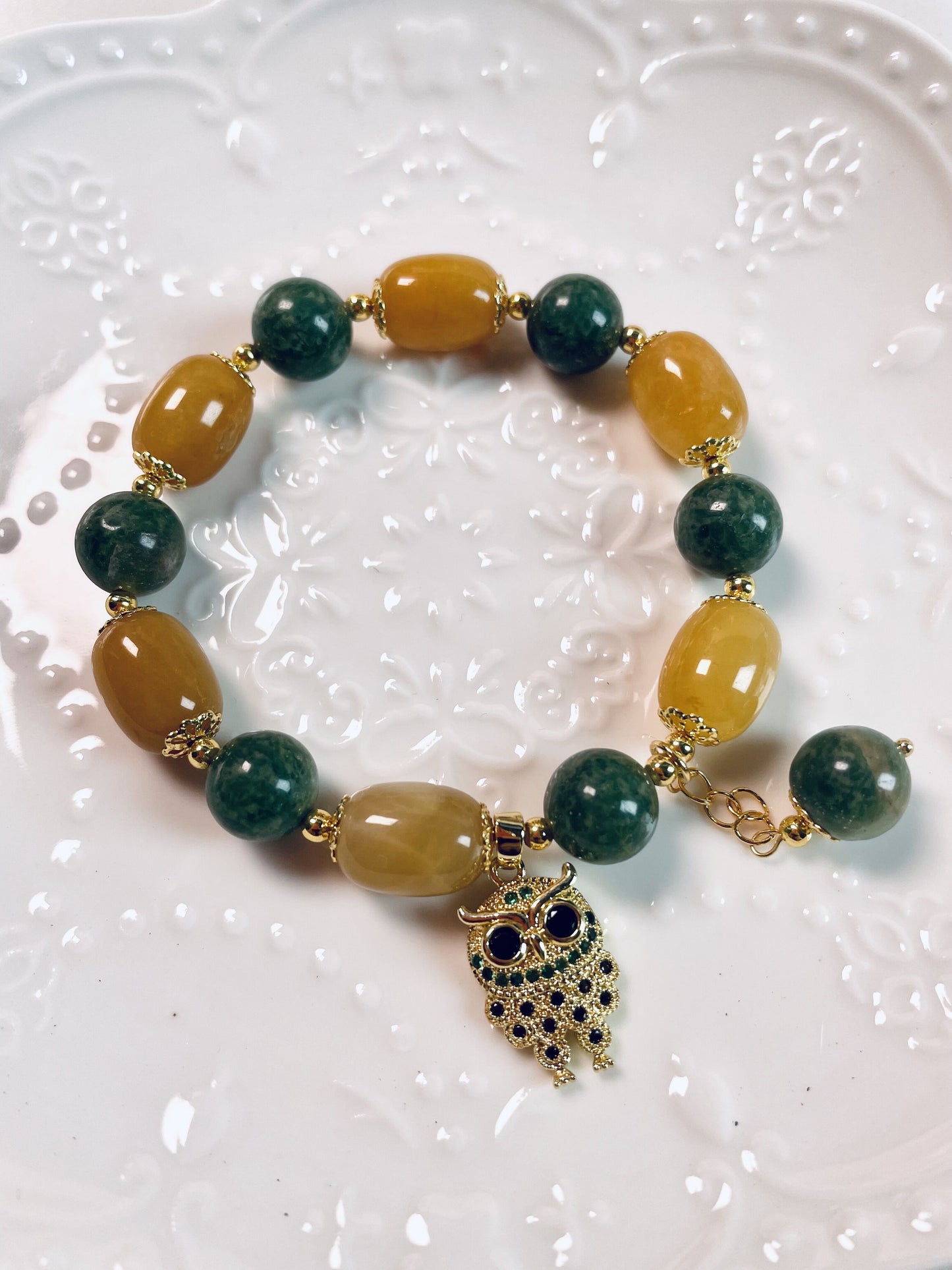 DIY Yellow Jade, African Jasper and Cute Owl Bracelet