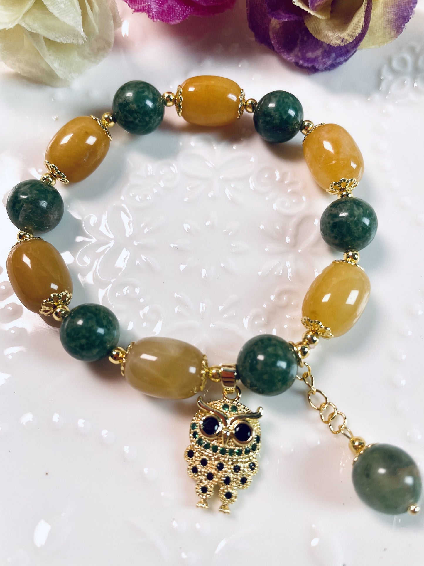 DIY Yellow Jade, African Jasper and Cute Owl Bracelet