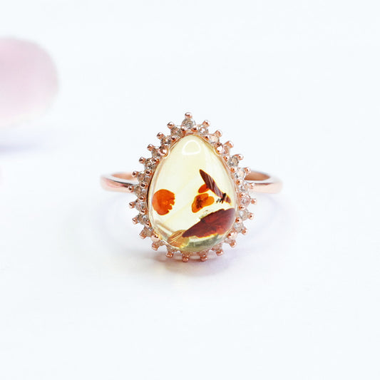 Flower amber ring #8-Silver 925