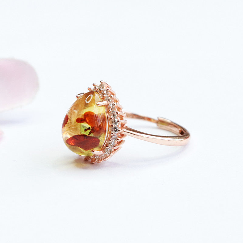 Flower amber ring #8-Silver 925