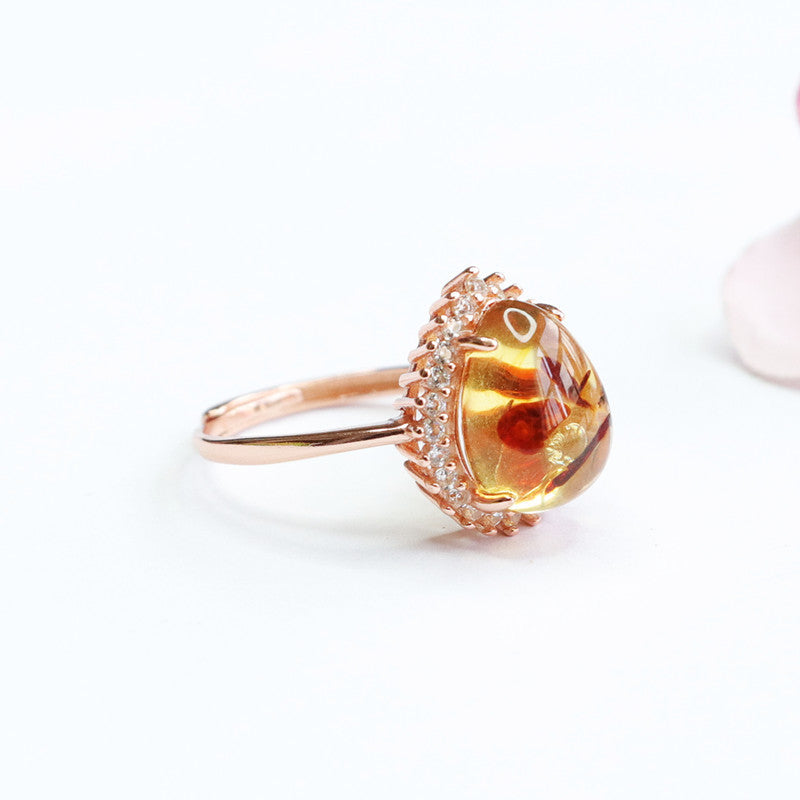 Flower amber ring #8-Silver 925