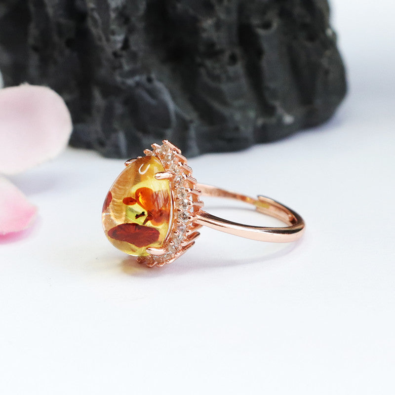 Flower amber ring #8-Silver 925