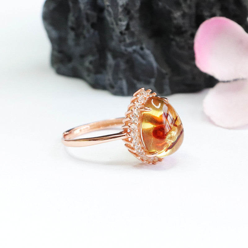 Flower amber ring #8-Silver 925