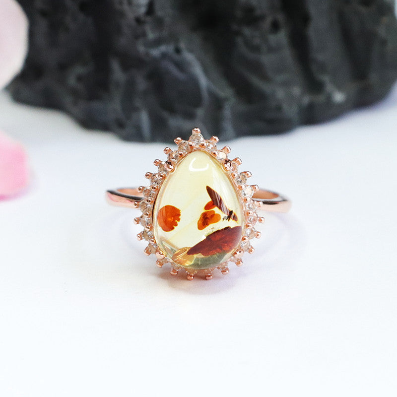 Flower amber ring #8-Silver 925